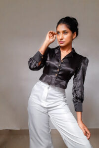 Ezma - Button Front Crop Top is with Peasant Sleeves and Made from Black Satin