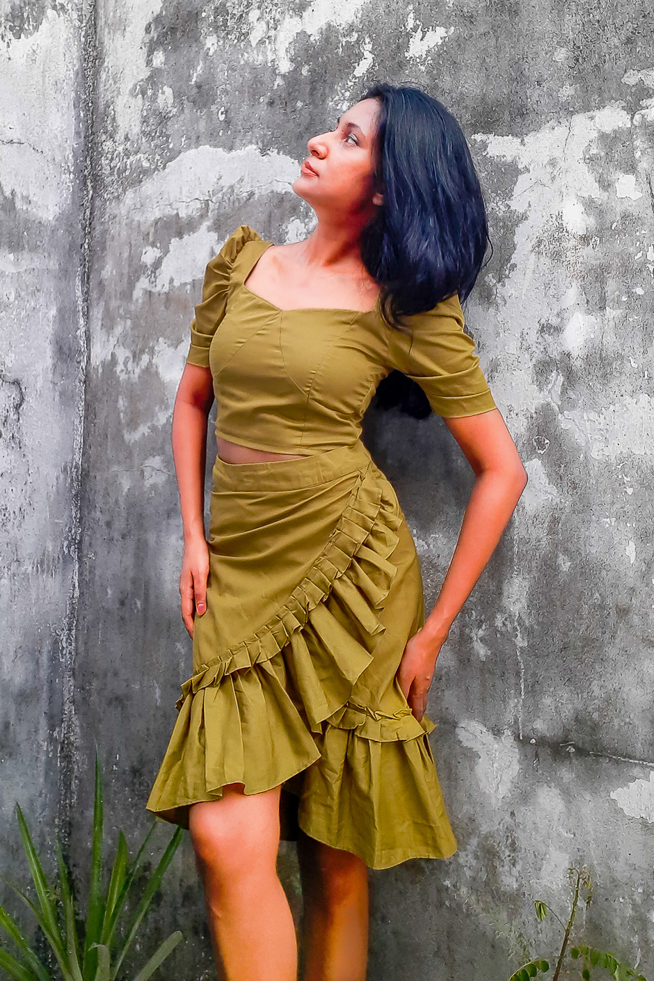 Sameena - Ruffle Hem Skirt is made from Olive Green Cotton and with Cross Over Double Layer Ruffle Hem