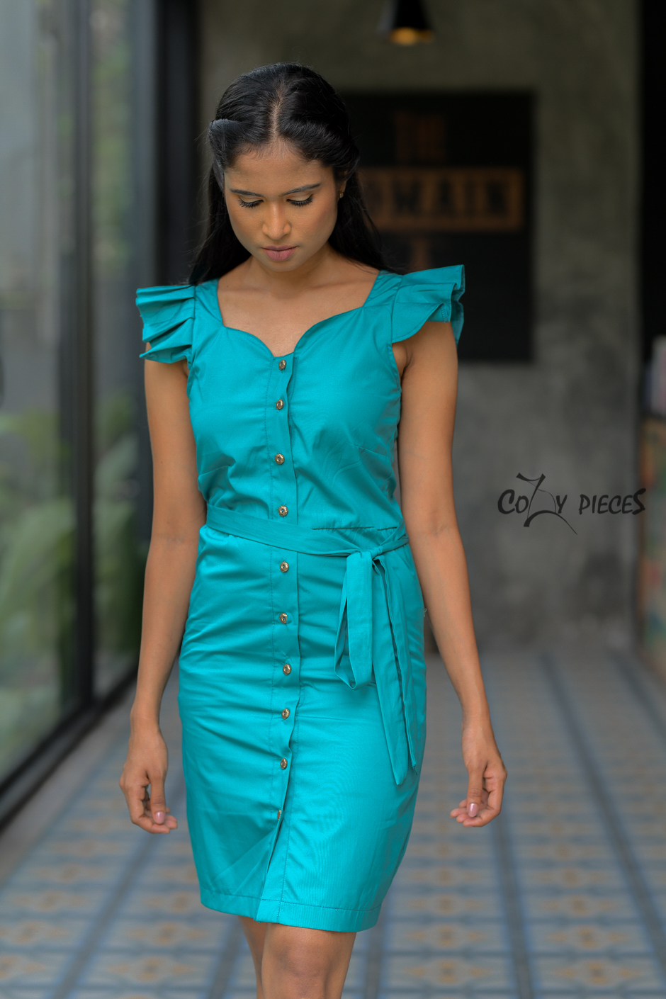 Jasmine - Sheath Dress is made of Turquoise Green Cotton and has buttons on front and with a sash belt