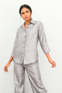 Irina - Front Buttoned Shirt is Silver Satin Made