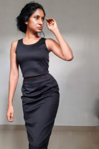 stretchable Ponte fabric , high waist and with a back slit
