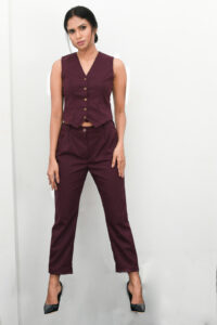 Sansa - Waistcoat Top is purplish red Cotton and with deep V neck and Button Front