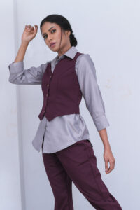 Dena Cropped Pant paired with Irina Silver Front Buttoned Shirt and Purplish Red Sansa - Waist Coat Top 