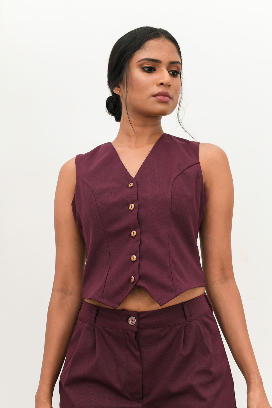 Sansa - Waistcoat Top is purplish red Cotton and with deep V neck and Button Front