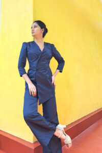 Kate - Double-Breasted Blazer from Navy Blue Polyester is designed V neck and with an Asymmetrical Hem