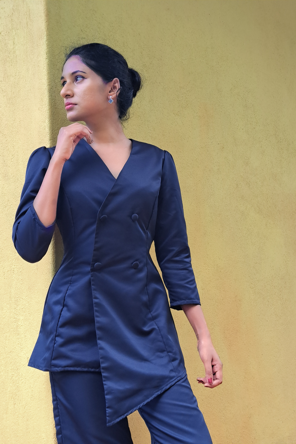 Kate - Double-Breasted Blazer from Navy Blue Polyester is designed V neck and with an Asymmetrical Hem