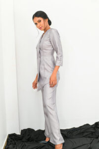 Silver Colour Kate - Double-Breasted Blazer is V Neck and with Asymmetrical Hem 