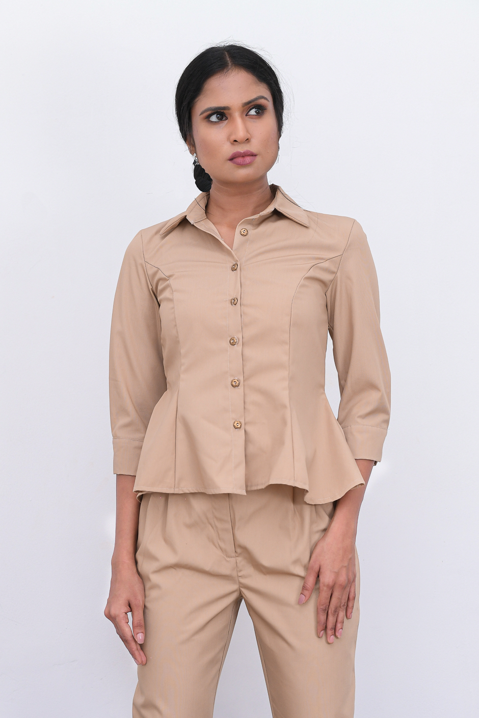 Destiny - Peplum Blazer Top is Beige Cotton made , Button Front and with 3/4 length sleeves