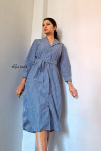 Jamie - Midi Shirt Dress with Sash is made from Cotton and colour is Blue and White Stripes