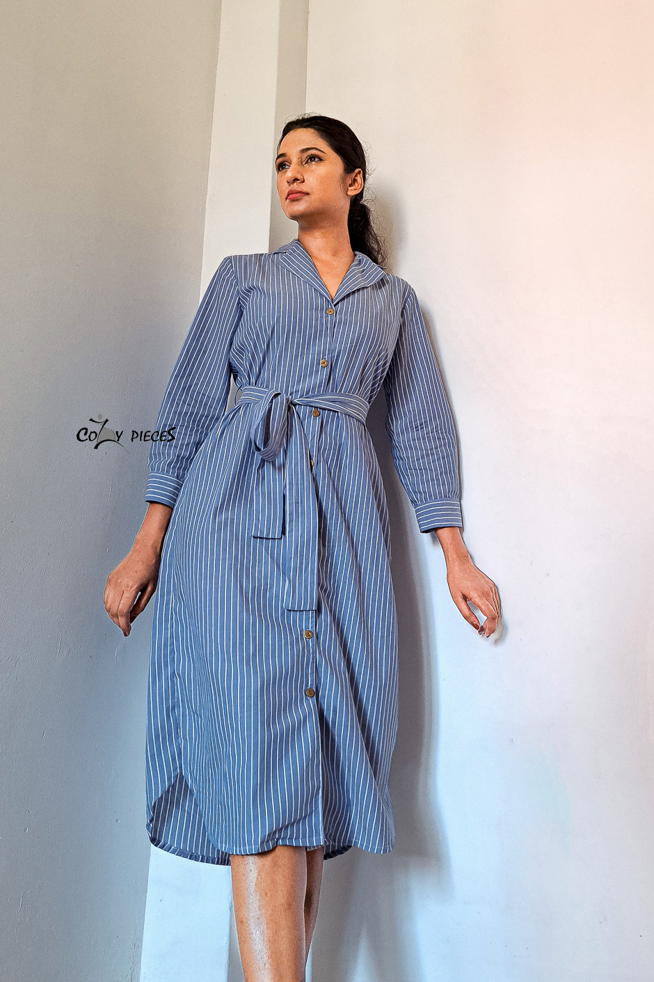 Circe- Midi Shirt Dress with Sash is made from Cotton and colour is Blue and White Stripes