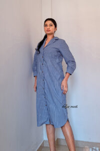 Jamie - Midi Shirt Dress with Sash is made from Cotton and colour is Blue and White Stripes